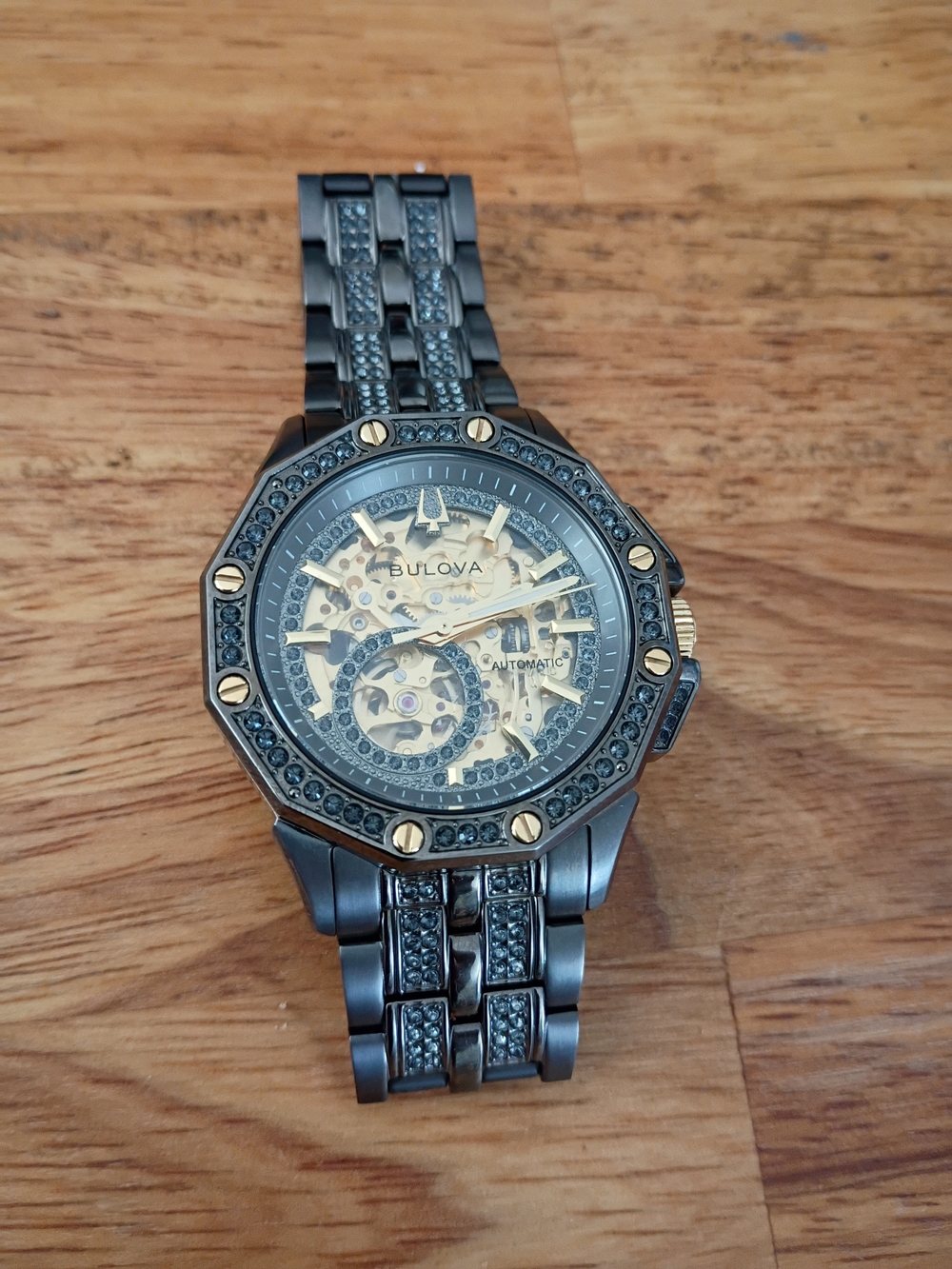 Bulova Men's Automatic Skeleton Watch in Black and Gold